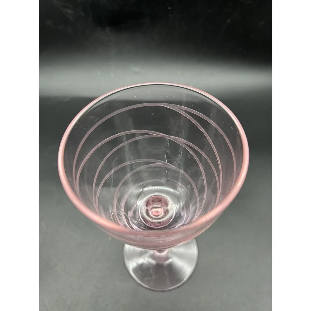 Vintage Pink MCM Wine Glasses w Etched Swirl Pattern Thick Stem  7